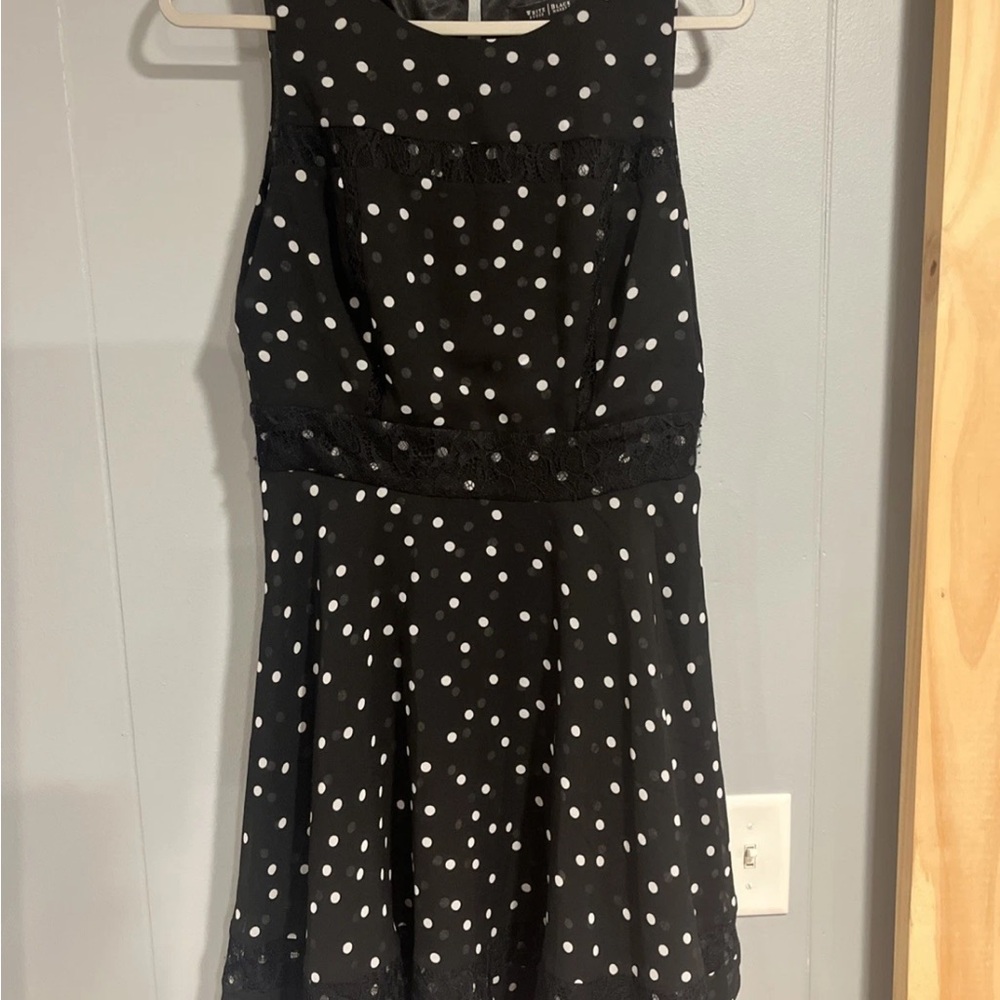 White House Black Market Size 8 Dress Black Polka Dot Lace Inset Lined WHBM